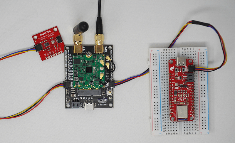 Image of the SparkX Qwiic Cellular board with Artemis ThingPlus and SparkFun Environmental Combo Breakout board
