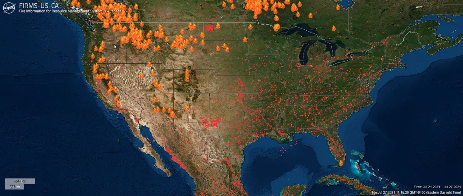 Map of active North American forest fires on July 27th 2021