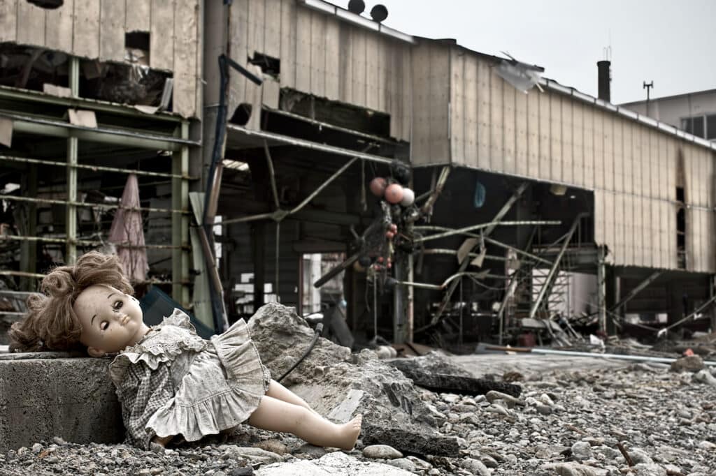An image of a ruined building in the wake of the Fukushima nuclear disaster.