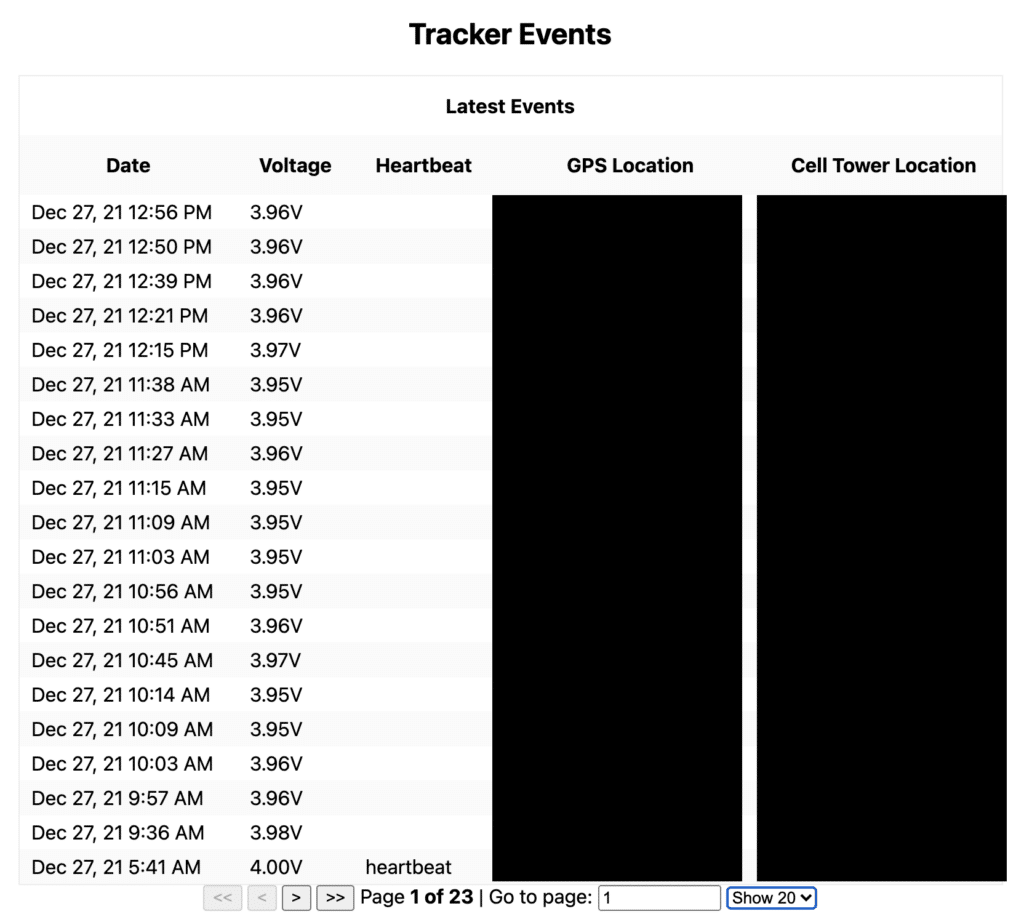 React Table list displaying paginated Notecard events over time.