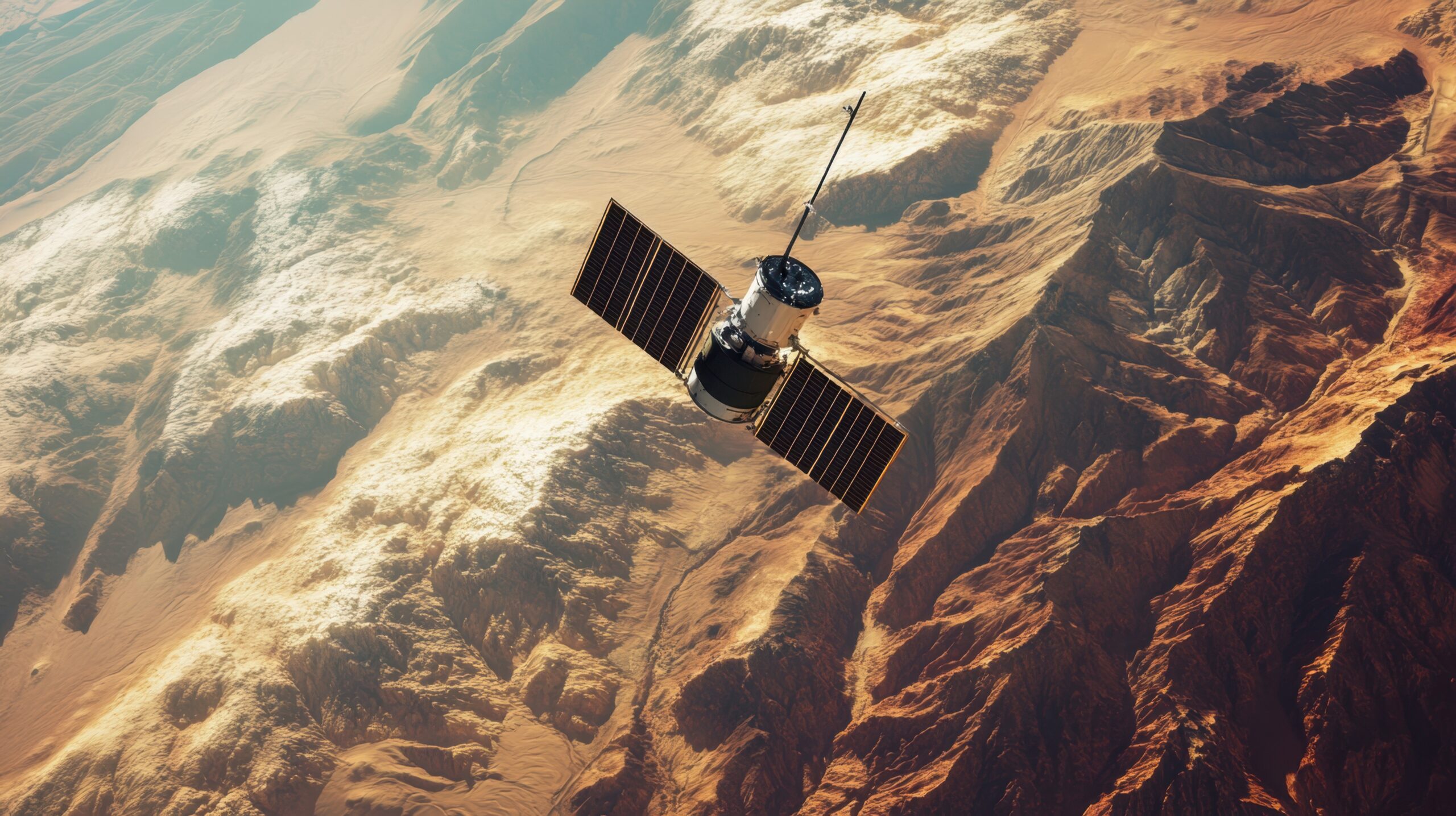 A satellite hovering over a desert landscape, monitoring surface temperatures.
